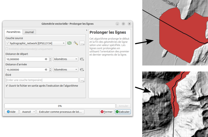 Extend lines to cut the polygon upstream and downstream